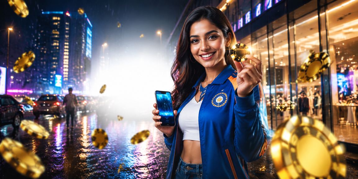 Indian player enjoying Rummy on mobile device with vibrant neon interface